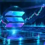 Symbole Solana en hologramme 3D devant un graphique de marché avec résistance, RSI et volume