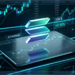 Logo Solana en hologramme devant un graphique de marché affichant 104 $, une hausse de 5,93 % et des indicateurs techniques.