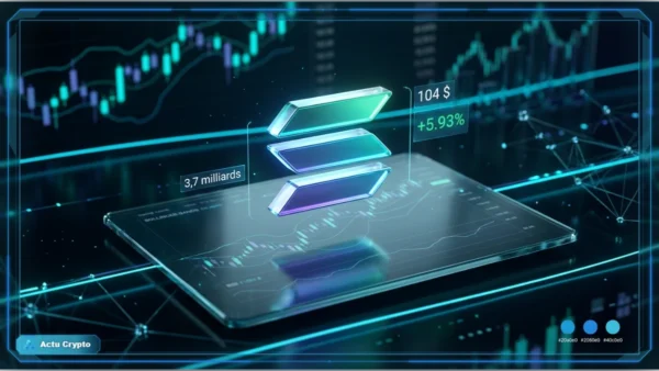 Logo Solana en hologramme devant un graphique de marché affichant 104 $, une hausse de 5,93 % et des indicateurs techniques.