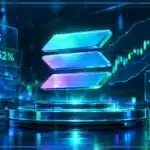 Symbole Solana holographique au-dessus d’une tablette de trading avec graphique en bougies, RSI et seuil de résistance.