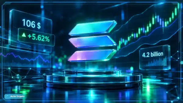 Symbole Solana holographique au-dessus d’une tablette de trading avec graphique en bougies, RSI et seuil de résistance.