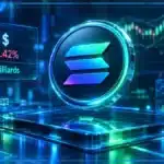 Logo Solana en hologramme 3D devant un graphique baissier avec support, RSI et variation de marché