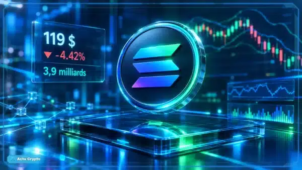 Logo Solana en hologramme 3D devant un graphique baissier avec support, RSI et variation de marché