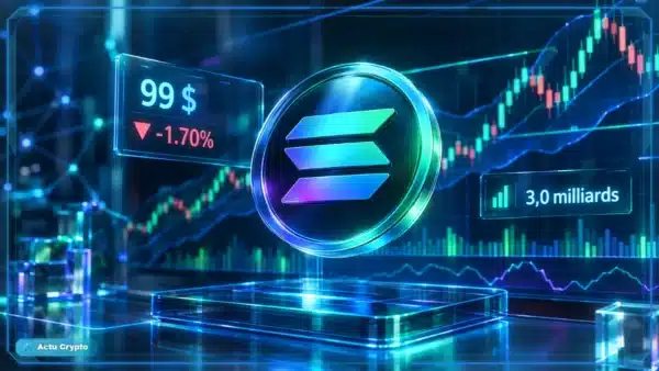 Symbole Solana en hologramme 3D au-dessus d’une tablette de trading avec graphique, support et indicateurs de marché