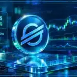 Logo Stellar XLM en hologramme 3D devant un graphique de marché montrant une hausse et une zone de résistance