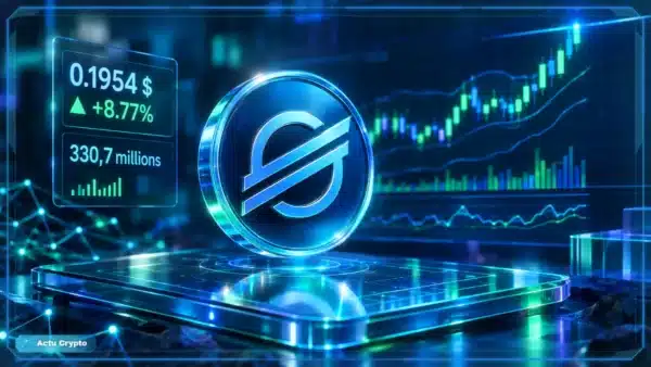 Logo Stellar XLM en hologramme 3D devant un graphique de marché montrant une hausse et une zone de résistance