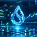 Logo Sui holographique au-dessus d’une tablette de trading avec graphique en bougies, niveaux techniques et indicateurs