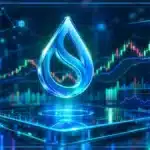 Logo Sui en hologramme au-dessus d'un graphique de trading montrant une correction sous résistance
