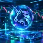 Symbole Uniswap en hologramme 3D devant un graphique de marché avec support, résistance et baisse quotidienne de UNI