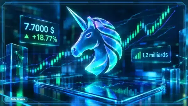 Symbole Uniswap en hologramme 3D devant un graphique de marché avec niveaux de support, résistance et hausse de UNI