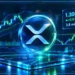 Logo XRP holographique en 3D devant un graphique de trading montrant une résistance proche et des indicateurs