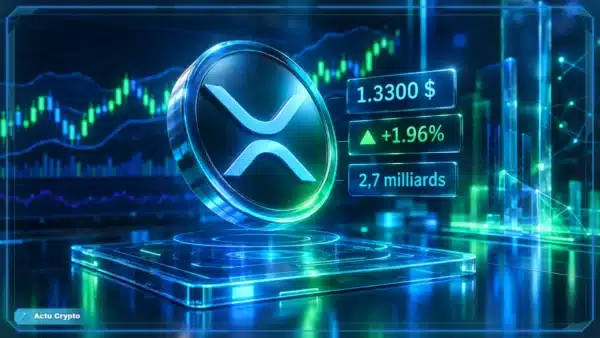Symbole XRP holographique en 3D devant un graphique de marché montrant résistance, RSI et volume.