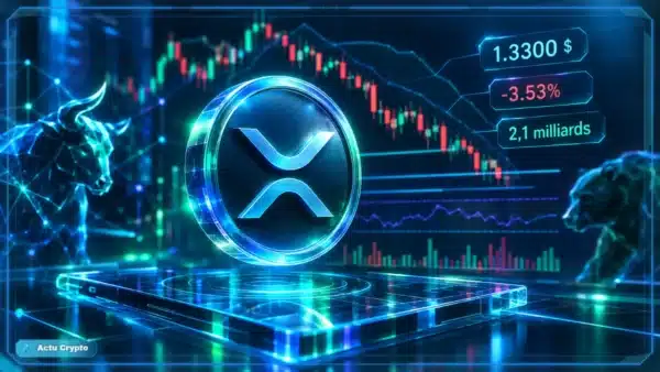 Symbole XRP en hologramme 3D devant un graphique de marché avec support, bandes de Bollinger et signal baissier.