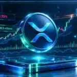 Symbole XRP holographique en trois dimensions devant un graphique de marché montrant résistance, volume et RSI.
