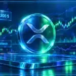 Symbole XRP en hologramme devant un graphique de trading montrant une résistance proche et une hausse du volume