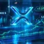 Symbole XRP holographique devant un graphique de marché avec niveaux techniques et signaux de volume