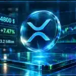 Symbole XRP en hologramme 3D devant un graphique de trading montrant une hausse, une résistance et un RSI élevé.