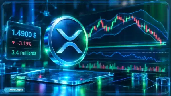 Symbole XRP en hologramme 3D devant un graphique de trading montrant une baisse et des seuils techniques