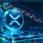 Symbole XRP holographique devant un graphique baissier avec niveaux de support et de résistance
