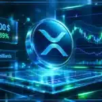Symbole XRP en hologramme 3D au-dessus d’une tablette de trading avec graphique, zones de support et de résistance.