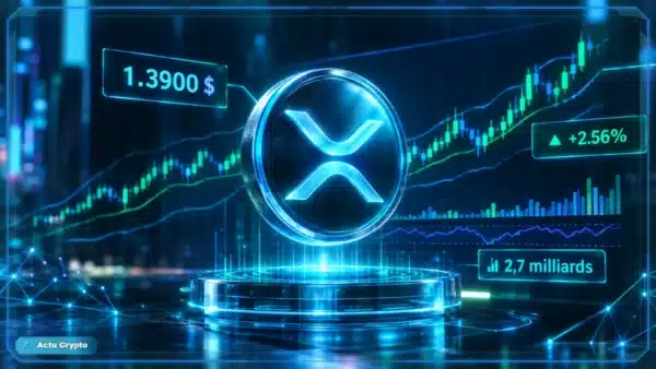 Symbole XRP en hologramme 3D devant un graphique de marché avec niveaux techniques et indicateurs de volume