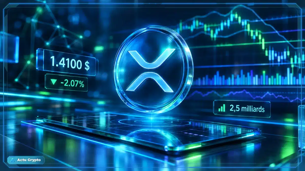 Symbole XRP en hologramme 3D devant un graphique de marché avec zones de support et de résistance