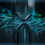Symbole XRP holographique au-dessus d’une tablette de trading avec graphique, support et résistance.