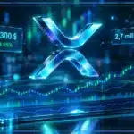 Symbole XRP holographique en trois dimensions devant un graphique de trading montrant résistance, volume et indicateurs