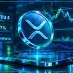 Logo XRP holographique en trois dimensions devant un graphique de marché montrant le support et la résistance