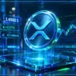 Symbole XRP en hologramme 3D devant un graphique de marché avec support, résistance et indicateurs techniques.