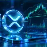 Symbole XRP en hologramme 3D devant un graphique de trading avec support, résistance et indicateurs de marché
