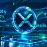Symbole XRP en hologramme 3D devant un graphique de marché avec niveaux de support et résistance