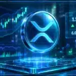 Logo XRP holographique en trois dimensions devant un graphique de trading, avec prix, volume et seuils techniques.