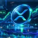 Symbole XRP holographique en 3D devant un graphique de marché avec niveaux de support et de résistance