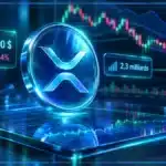 Symbole XRP holographique au-dessus d’une tablette de trading avec graphique, support et indicateurs de marché