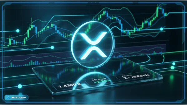 Graphique financier affichant le prix de XRP à 1,43 dollar avec des indicateurs de marché en arrière-plan.