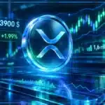 Symbole XRP holographique en trois dimensions devant un graphique avec résistance, RSI et volume.