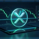 Symbole XRP en 3D devant un graphique baissier avec support, RSI et volume de marché