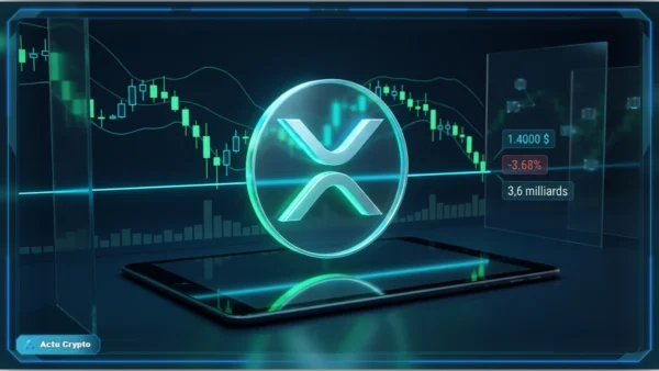 Symbole XRP en 3D devant un graphique baissier avec support, RSI et volume de marché