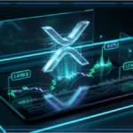Symbole XRP en 3D devant un graphique de trading montrant le support à 1,40 $ et la résistance à 1,43 $