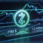 Logo Zcash ZEC en 3D devant un graphique de marché avec le prix à 1 182 $ et une hausse de 17,18 %