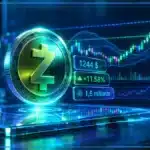 Symbole Zcash en 3D devant un graphique de marché avec prix, hausse quotidienne et niveaux techniques