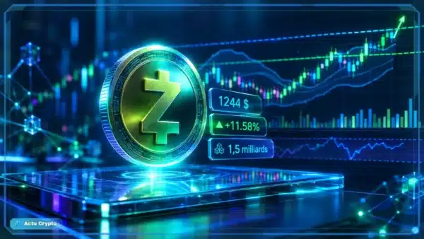 Symbole Zcash en 3D devant un graphique de marché avec prix, hausse quotidienne et niveaux techniques