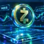 Symbole Zcash ZEC en 3D devant un graphique de marché avec supports, résistance et indicateurs techniques