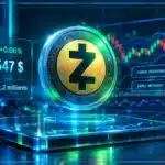 Symbole Zcash ZEC en hologramme au-dessus d’une tablette de trading avec graphique, support et résistance.