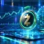 Symbole Zcash ZEC en hologramme 3D devant un graphique de marché avec niveaux techniques et prix de 1 152 $.