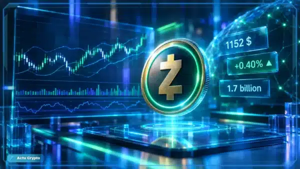 Symbole Zcash ZEC en hologramme 3D devant un graphique de marché avec niveaux techniques et prix de 1 152 $.