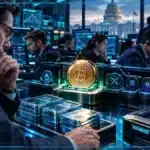 Photo réaliste d’un desk crypto où le levier augmente rapidement autour de Bitcoin tandis que les altcoins restent en retrait avant une publication décisive de l’inflation américaine.