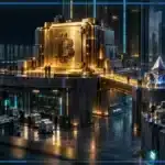 Photo réaliste d’un Bitcoin dominant sur une plateforme centrale tandis que les altcoins restent plus bas et dispersés, avec une rotation incomplète et un levier crypto en contraction.