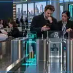 Photo réaliste d’un client britannique confronté à plusieurs niveaux de contrôle bancaire lors d’un virement vers une plateforme crypto, tandis que de nombreuses réclamations s’accumulent en arrière-plan.